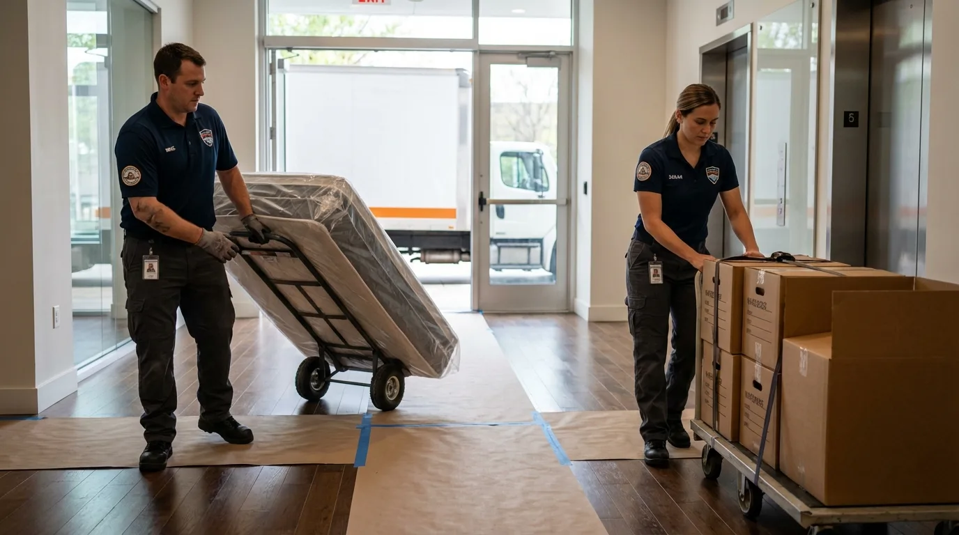 Professional apartment movers loading elevator in Charlotte, TN